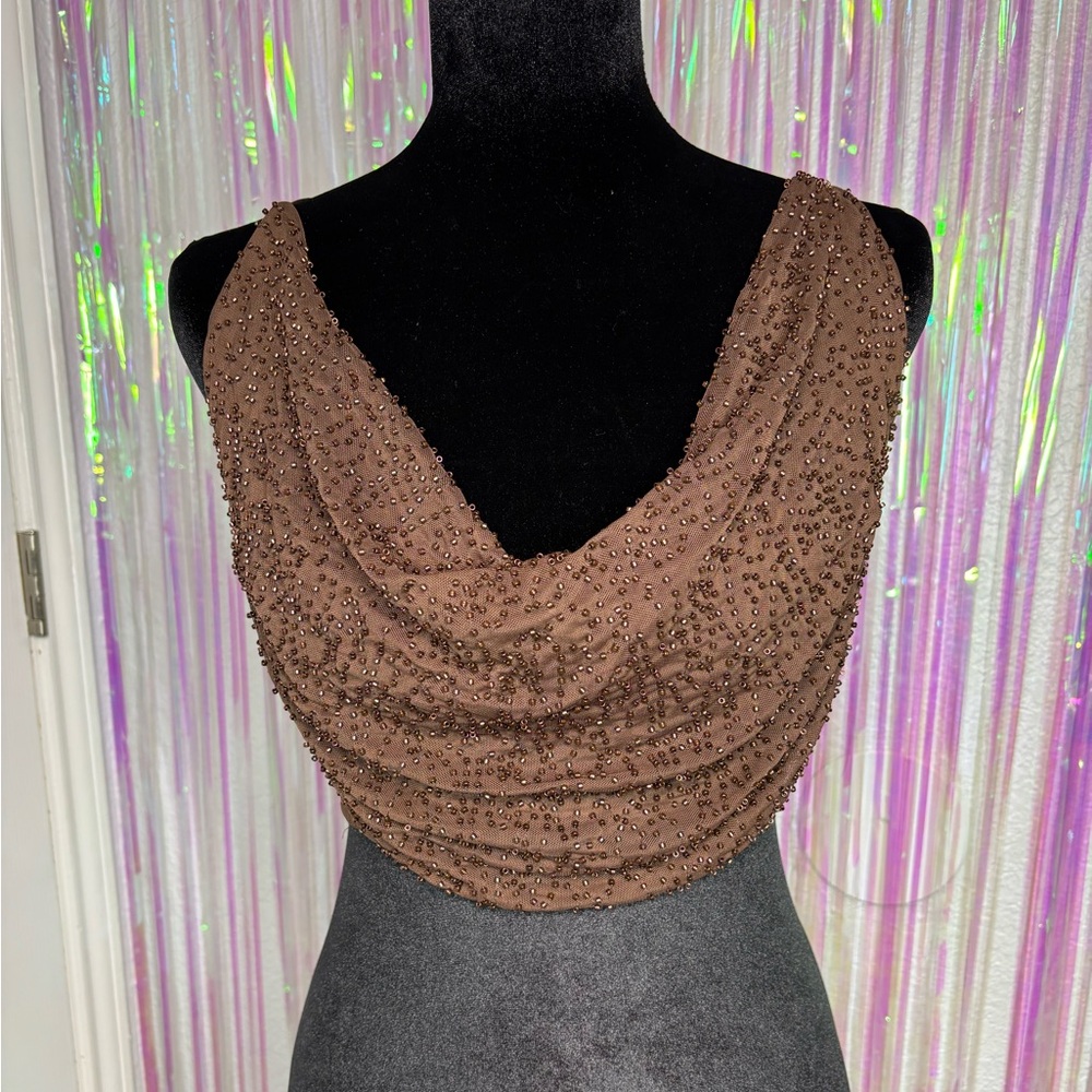 Brown Beaded Cowl Halter Crop Top, Adjustable Straps, Sz M Windsor NWT Y2K Bratz - Picture 2 of 12